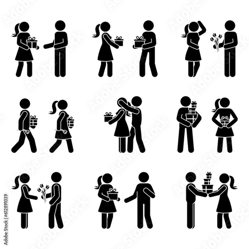 Stick figure people giving presents vector illustration set. Man and woman receiving gift box stickman icon silhouette pictogram