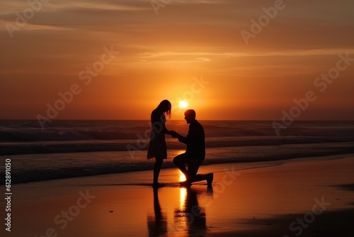 silhouette of a man asking a woman to marry him on a beach at sunset - marriage proposal - generative AI