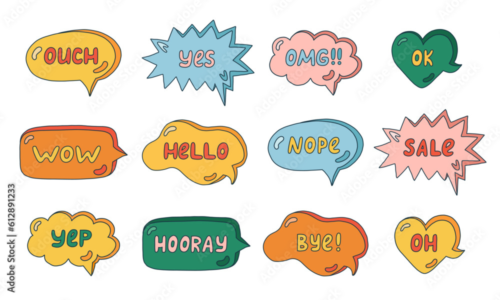 Trendy speech bubbles set with hand drawn talk phrases in the different shapes. Online chat clouds with Ok, Yes, Yep, Hello, What s up, Sale, Wow, OMG, Bye and other dialog words. Colorful doodles Trendy speech bubbles set with hand drawn talk phrases in the different shapes. Online chat clouds with Ok, Yes, Yep, Hello, What s up, Sale, Wow, OMG, Bye and other dialog words. Colorful doodles