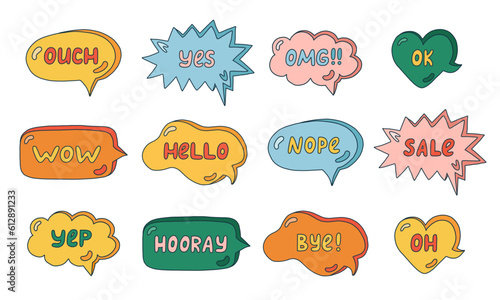 Trendy speech bubbles set with hand drawn talk phrases in the different shapes. Online chat clouds with Ok, Yes, Yep, Hello, What s up, Sale, Wow, OMG, Bye and other dialog words. Colorful doodles