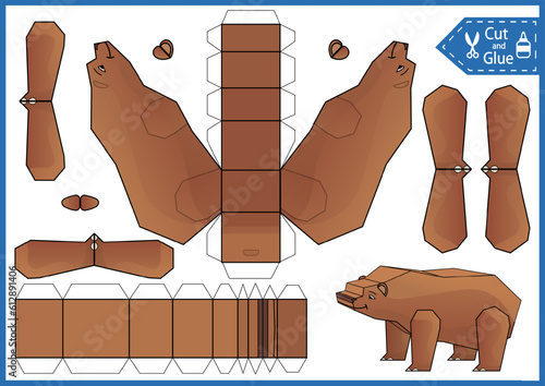 Kids craft template. Cut and glue a paper 3d bear. DIY papercraft cutout puzzle toys. Activity worksheet for children. Vector printable education game. Create to forest animal birthday decor. 