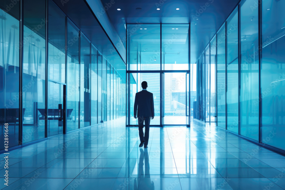 Fototapeta premium Man Leaving Business Center in Blue Tonality. AI generative