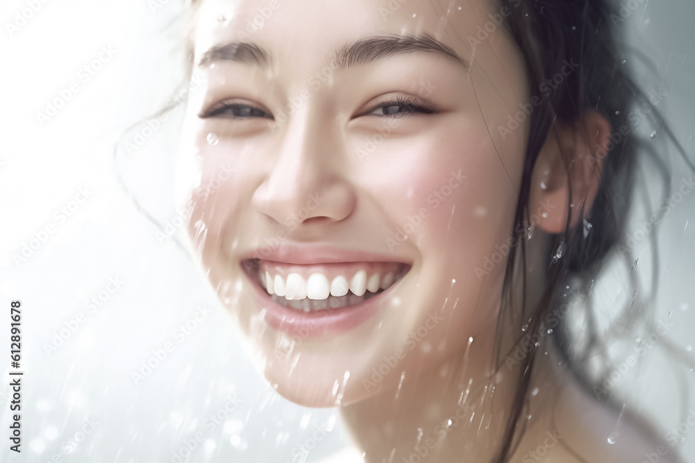 A delightful scene unfolds as water droplets and splashes accentuate the girl's radiant smile, evoking pure delight. Generative AI. A delightful scene unfolds as water droplets and splashes accentuate the girl's radiant smile, evoking pure delight. Generative AI.