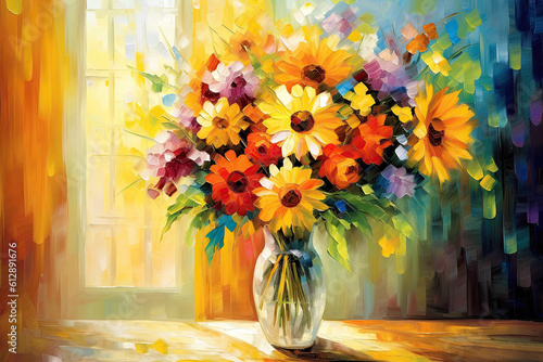 Fotografia Bunch of Colorful Flowers Against Sunny Window Painting