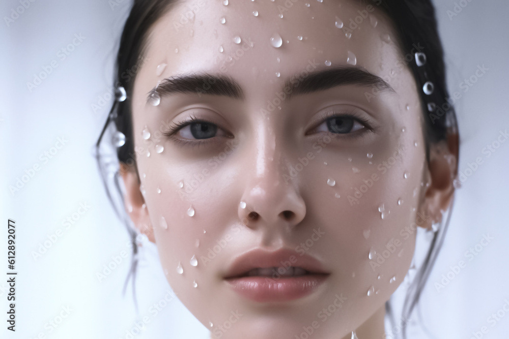 the serene beauty of a girl surrounded by gentle water droplets and splashes, creating a tranquil atmosphere that captivates with its sense of calm. Generative AI.