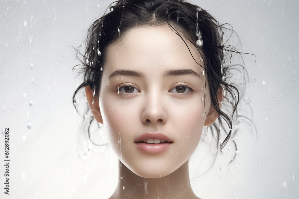 the serene beauty of a girl surrounded by gentle water droplets and splashes, creating a tranquil atmosphere that captivates with its sense of calm. Generative AI.