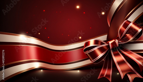 Christmas red background with bow, christmas celebration with a genuine ribbon background, Generative AI