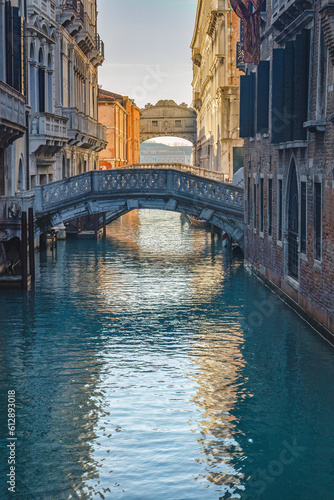 Stone bridges with the Bridge of Sighs in Venice at sunny morning, Italy, Europe.