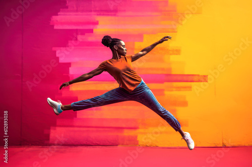 Woman jumping in dynamic pose, orange t shirt and blue jeans, colorful vibrant pink and yellow wall background, dance. Generative AI