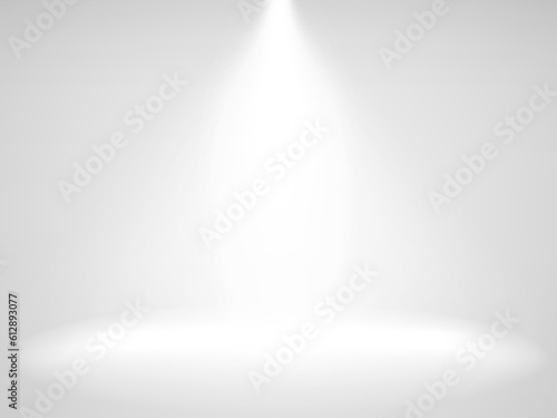 Empty studio with light. Spotlight on white background. Studio room for displaying product. Clean template for advertising. White wall with neutral light. Vector illustration