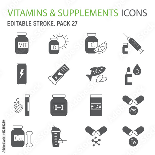 Vitamins and supplements glyph icon set, health collection, sports supplements vector graphics, logo illustrations, minerals vector icons, nutritional supplements signs, solid pictograms