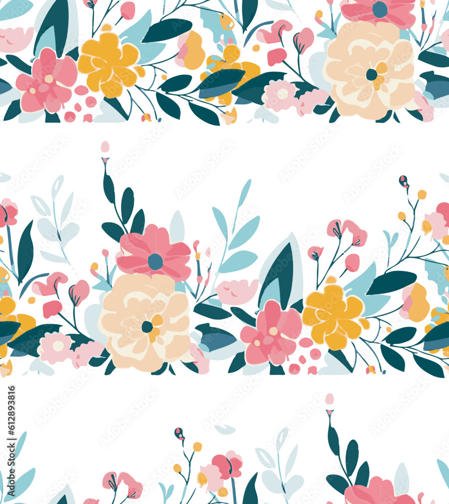 Seamless floral pattern with flowers and leaves.floral backdrop decorated with gorgeous multicolored blooming flowers and leaves .Vector illustration. 