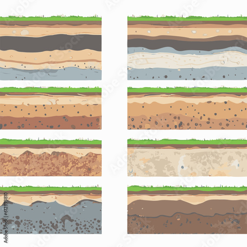 Seamless ground cross sections,layers under earth underground textures set. vector illustrations