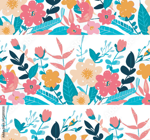 Seamless floral pattern with flowers and leaves.floral backdrop decorated with gorgeous multicolored blooming flowers and leaves .Vector illustration. 