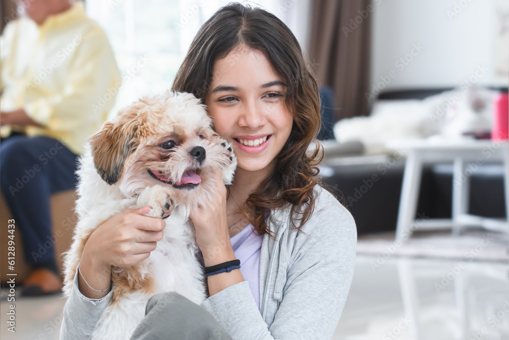 Portrait of Caucasian teenage girl playing with shih tzu puppy dog at home. Young beautiful woman sitting on floor, smiling, having fun holding little fluffy dog pet with love and care Portrait of Caucasian teenage girl playing with shih tzu puppy dog at home. Young beautiful woman sitting on floor, smiling, having fun holding little fluffy dog pet with love and care