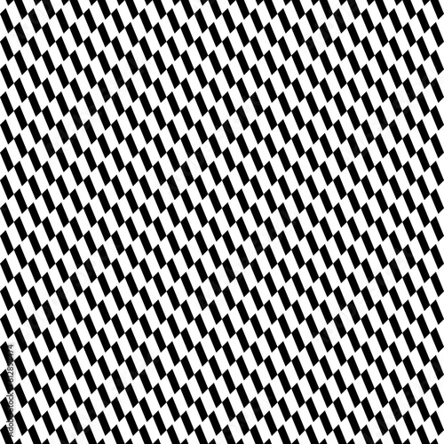 Repeated black slanted mini strokes on white background. Seamless surface pattern design with polygons ornament. Quadrangular blocks wallpaper. Diagonal dashes motif. Checkered vector.