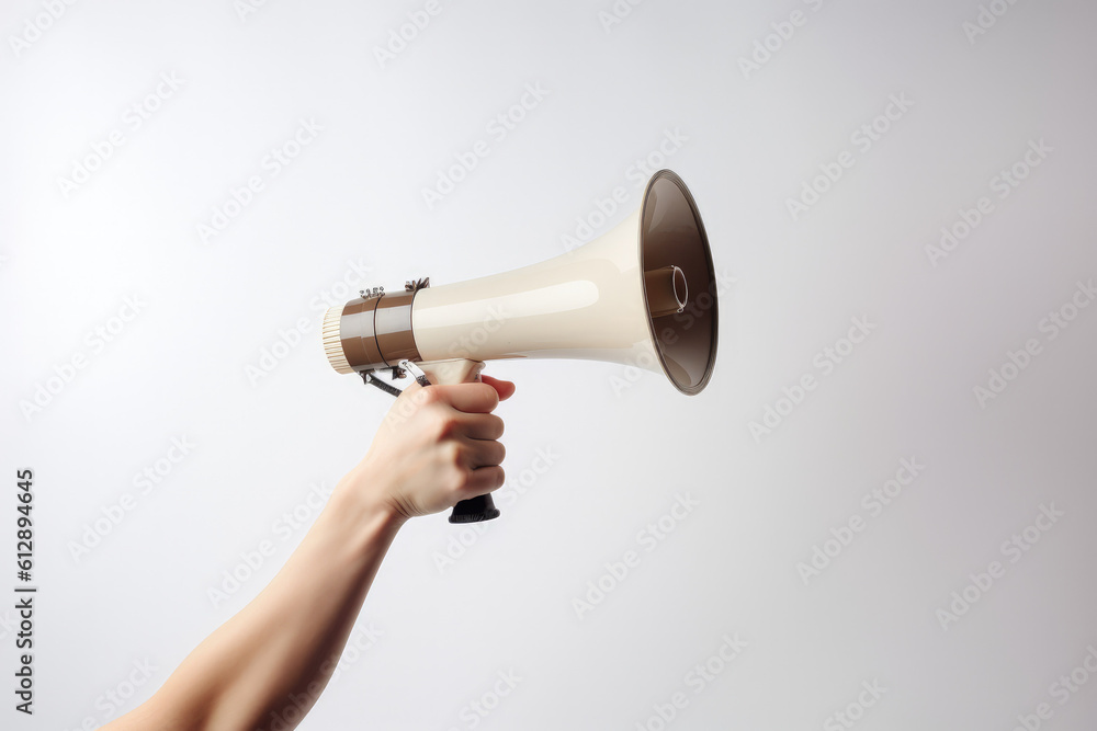 Hand is hold megaphone on white background.Ai Generative Hand is hold megaphone on white background.Ai Generative