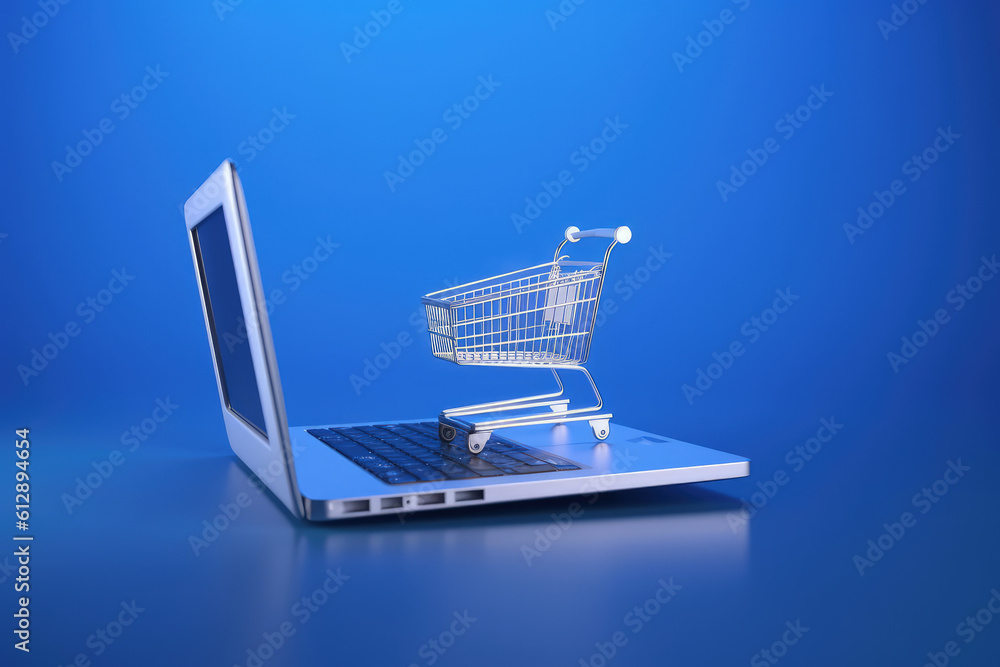 Shopping cart and laptop, online stores concept, blue background. Generative AI Shopping cart and laptop, online stores concept, blue background. Generative AI
