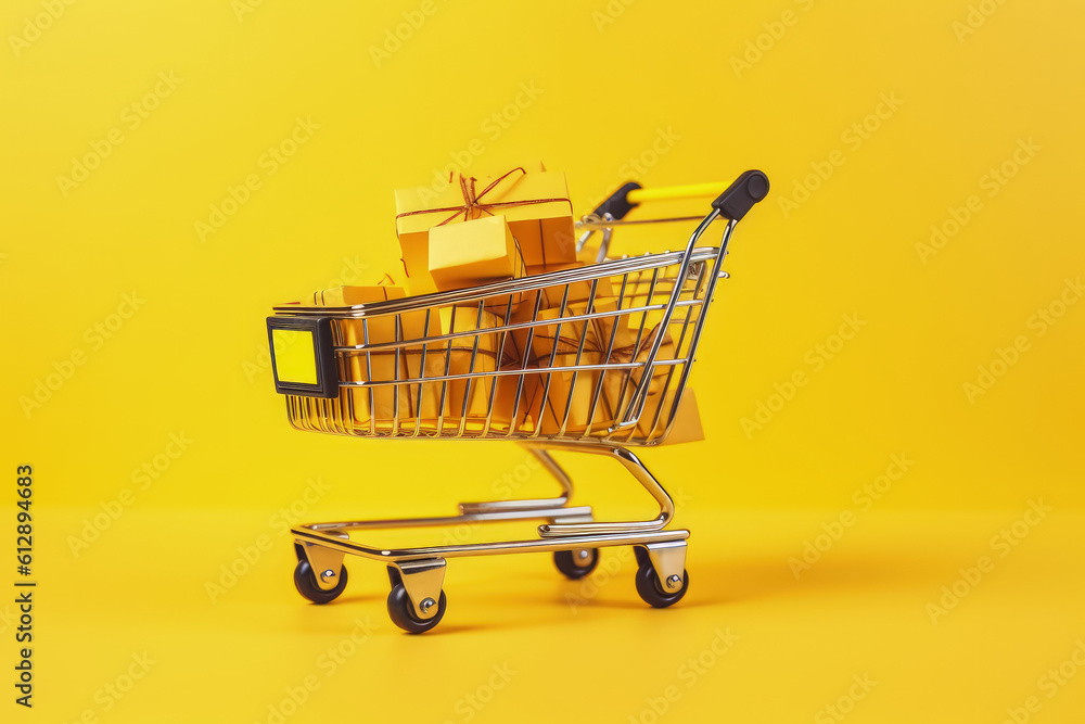 Shopping cart with gift boxes, isolated on yellow background, Generative AI Shopping cart with gift boxes, isolated on yellow background, Generative AI