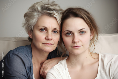Head shot portrait of mature mom and adult daughter posing. Ai Generative