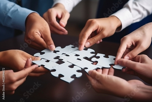 Hand holding jigsaw puzzles, Business partnership concept.AI Generative