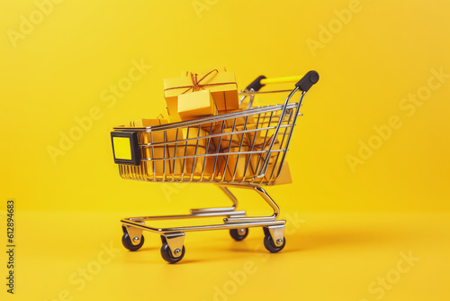 Shopping cart with gift boxes, isolated on yellow background, Generative AI