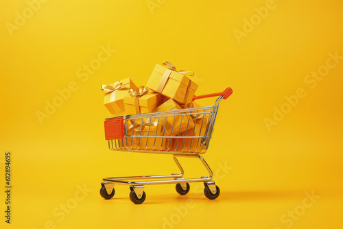 Shopping cart with gift boxes, isolated on yellow background, Generative AI