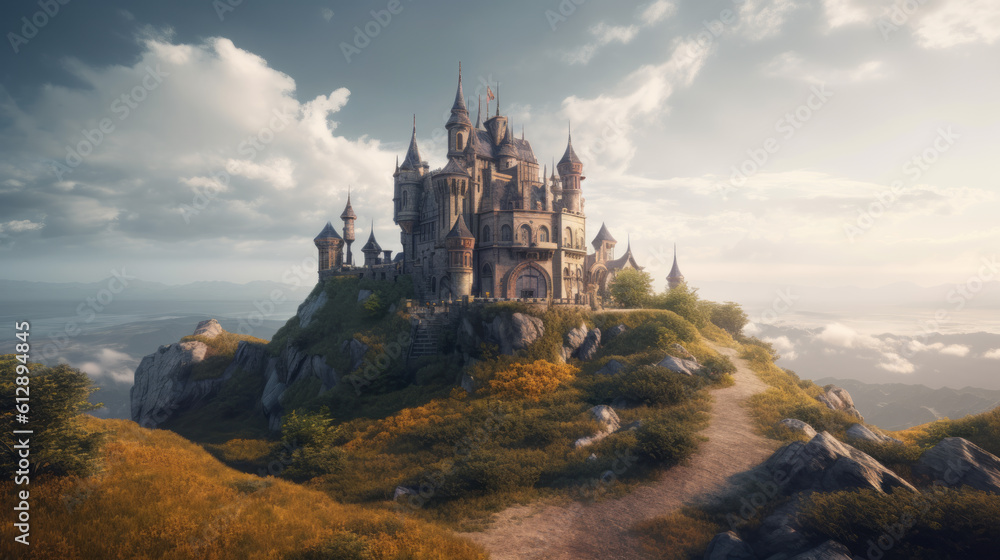 Medieval fairytale castle at the top of a hill at sunrise, fantasy illustration. Medieval fairytale castle at the top of a hill at sunrise, fantasy illustration.