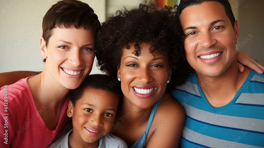 Happy young homosexual couple with diverse children while looking at home. AI Generative