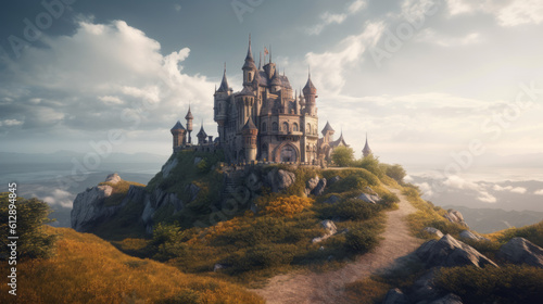 Medieval fairytale castle at the top of a hill at sunrise, fantasy illustration. 