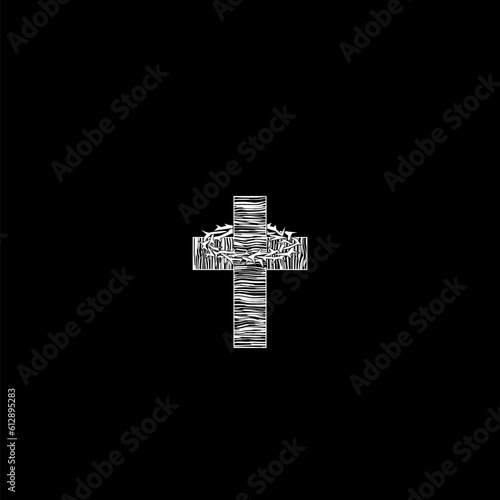 Cross with crown of thorns icon isolated on dark background