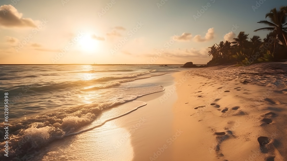 Vibrant orange sunset landscape of the sea beach and clear sky golden hour evening, beautiful nature island at the beach background. Generative AI technology.