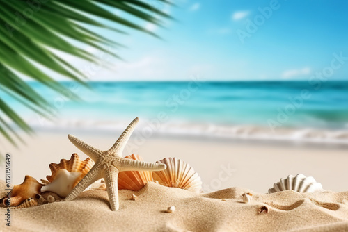 Vacation concept - starfish and seashells on the beach 