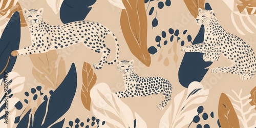 Hand drawn minimal abstract pattern with leopards. Bohemian style collage contemporary seamless pattern. Fashionable template for design, Generative AI