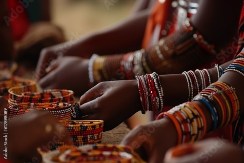 Artesanas africanas elaborando pulseras tradicionales con habilidad y destreza