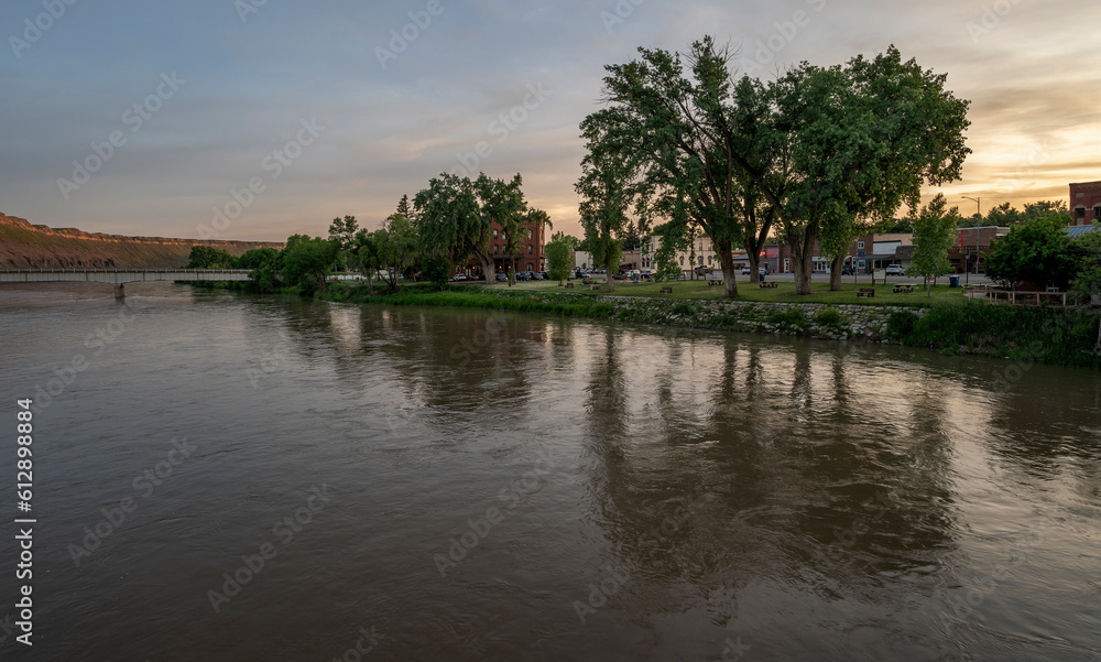 Evening view of the town of fort Benton, Montana on the bank of the Missouri River Evening view of the town of fort Benton, Montana on the bank of the Missouri River