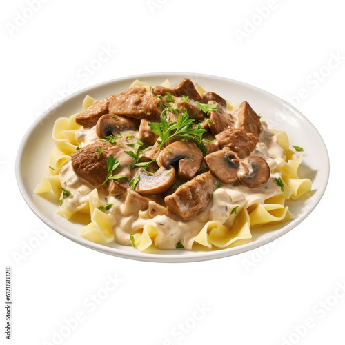 Plate of Beef Stroganoff with Mushrooms with on a Transparent Background. Generative AI