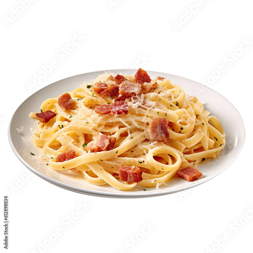 Plate of Carbonara Pasta with Bacon on a Transparent Background. Generative AI