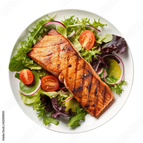 Plate of Grilled Salmon with Salad Isolated on a Transparent Background. Generative AI