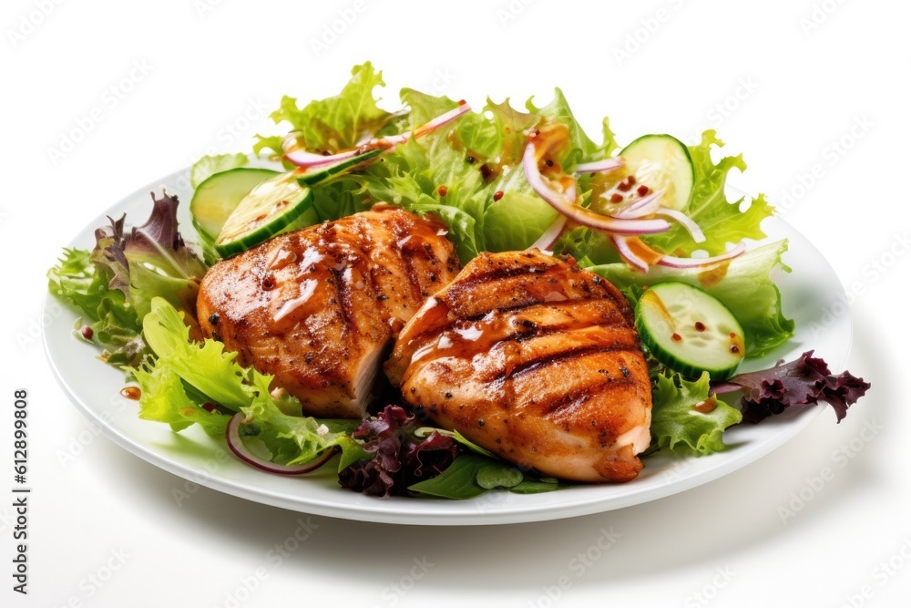 Plate of Grilled Chicken with Salad Isolated on a White Background. Generative AI