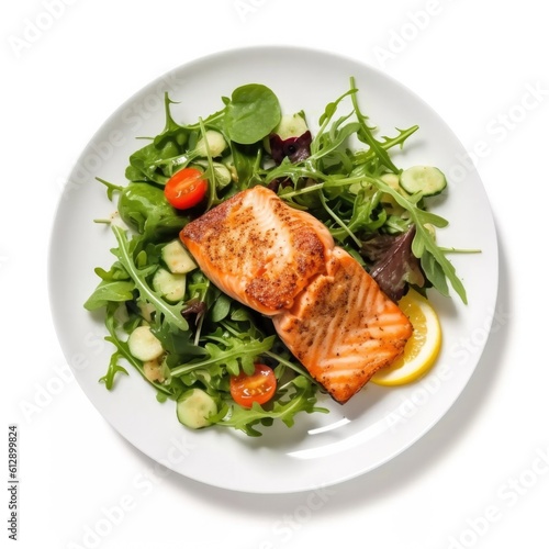 Plate of Grilled Chicken with Salad Isolated on a White Background. Generative AI