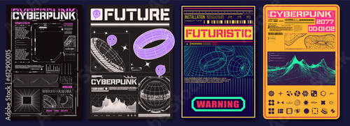 Retrofuturistic posters with cyber lettering. Collection of modern abstract posters. In acid style. Retro futuristic design elements, perspective grid, tunnel, circle.