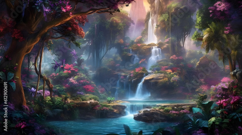 A cascading waterfall amidst a verdant rainforest, surrounded by towering trees adorned with exotic and vibrant flowers. Generative ai.