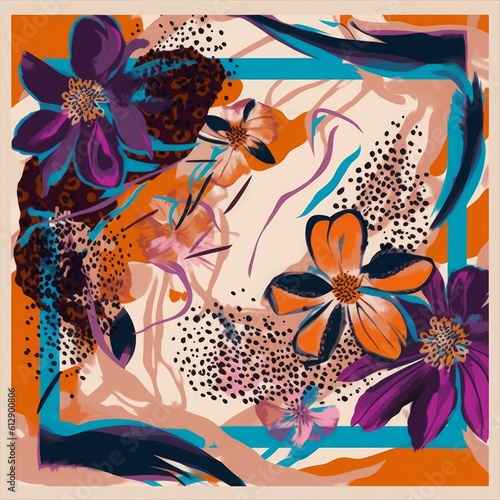 Silk scarf modern design with artistic flowers and leopard skin. Abstract ethnic style. Fashionable template for your design, Generative AI