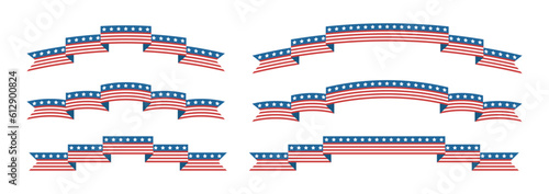 Set of ribbons for USA independence day. American flag. Can be used for card, borders, invitations. Isolated vector and PNG illustration on transparent background.