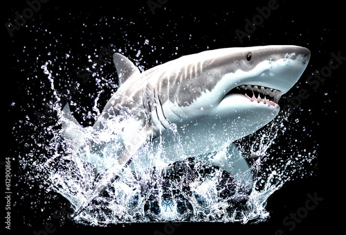 ferocious shark on water splash on black background