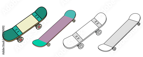 Skateboard in different colors and angles vector illustration , Skating board , roller skate , freewheel colored and black and white vector images photo