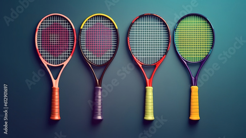 Tennis ball and racket isolated background, Top view. Generative ai