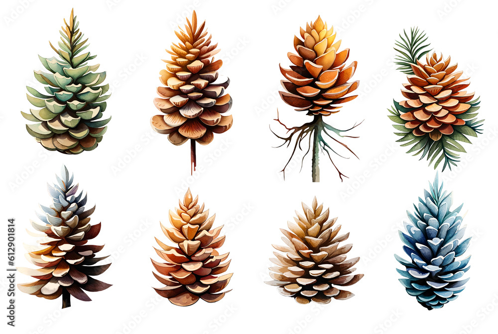 Watercolor pine cone set. Generative Ai Watercolor pine cone set. Generative Ai