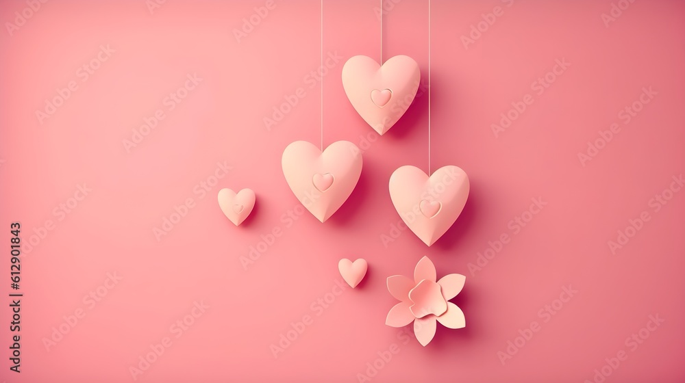 Hanging pink paper cut heart shape or love shape design element background. Valentines day, birthday, wedding anniversary, present, or special romantic couple greetings. Generative AI technology.